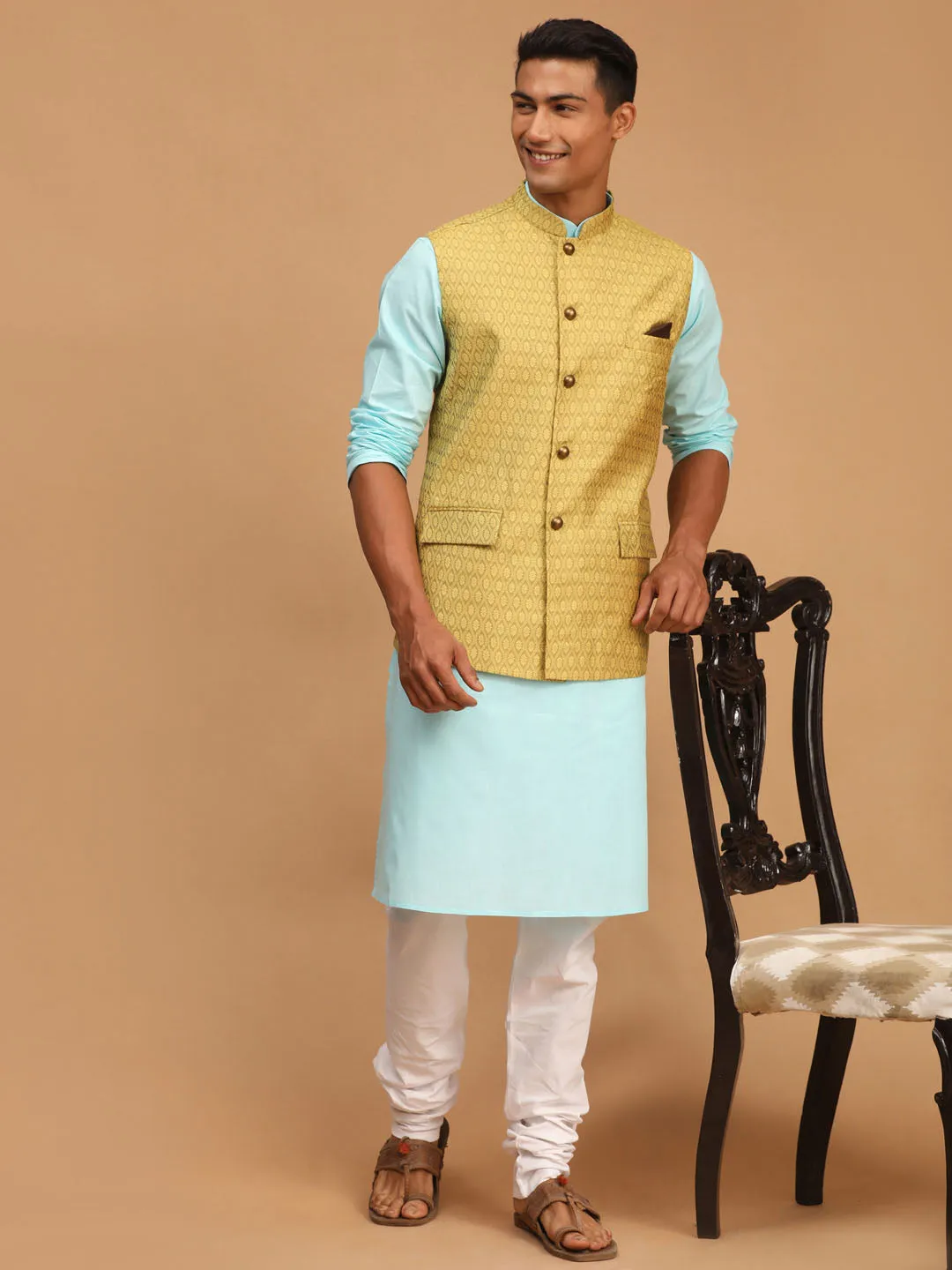 VASTRAMAY Men's Yellow Jacquard Nehru Jacket with Kurta Pyjama Set