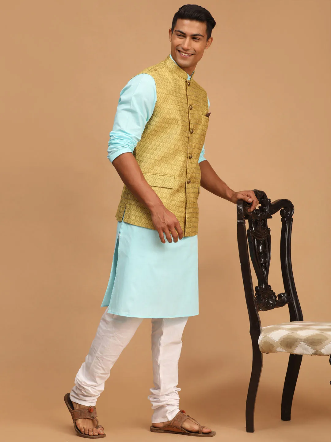 VASTRAMAY Men's Yellow Jacquard Nehru Jacket with Kurta Pyjama Set