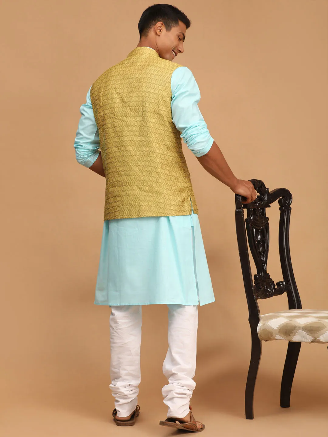 VASTRAMAY Men's Yellow Jacquard Nehru Jacket with Kurta Pyjama Set