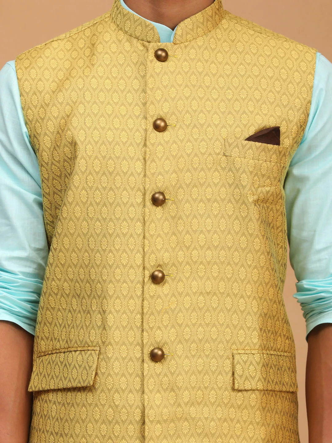 VASTRAMAY Men's Yellow Jacquard Nehru Jacket with Kurta Pyjama Set